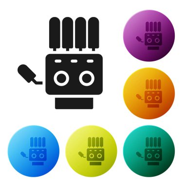 Beyaz zemin üzerinde siyah mekanik robot el simgesi izole edildi. Robot kol sembolü. Teknolojik konsept. Simgeleri renk daire düğmelerine ayarla. Vektör.