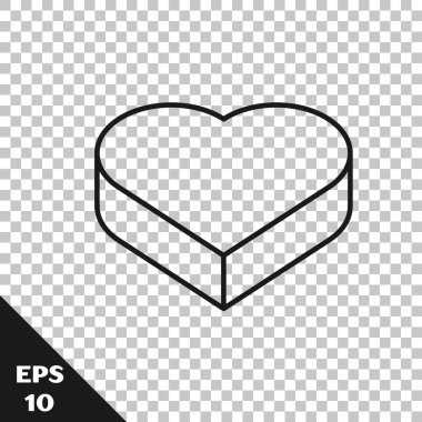 Siyah çizgi Candy kalp şeklinde kutuda ve yay simgesinde şeffaf arka planda izole edilmiş. Sevgililer Günü. Vektör.