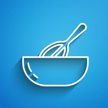 Beyaz çizgi Mutfak çırpma ve çanak ikonu mavi arka planda izole edildi. Mutfak aletleri, yumurta çırpıcı. Çatal bıçak seti. Yemek karışımı sembolü. Uzun gölge. Vektör.