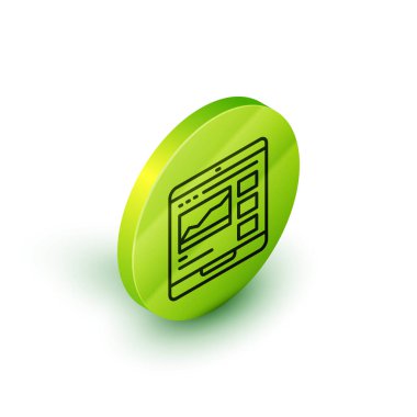 Beyaz arkaplanda Isometric satır ticaret kursları simgesi izole. Uzaktan öğrenme finans yönetimi, hisse senedi piyasalarında mal alıp satma. Yeşil daire düğmesi. Vektör.