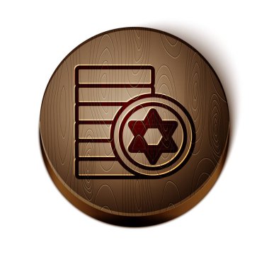 Kahverengi çizgi Yahudi madeni para simgesi beyaz arka planda izole edildi. Para birimi sembolü. Tahta daire düğmesi. Vektör.