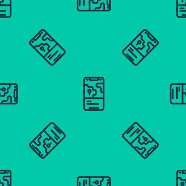 Şehir haritası yön bulma simgesinin mavi çizgi bilgileri yeşil arkaplandaki kusursuz deseni izole etti. Mobil Uygulama Arayüzü tasarımı. Coğrafi konsept. Vektör.