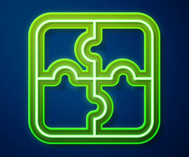 Parlayan neon çizgisi bulmaca simgesi mavi arkaplanda izole edildi. İş, pazarlama, finans, şablon, düzen, bilgi grafikleri, internet konsepti. Vektör.