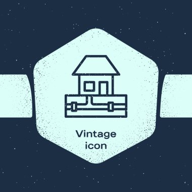 Grunge hattı. Su boruları ve ev ikonu mavi arka planda izole edilmiş. Tek renkli klasik çizim. Vektör.