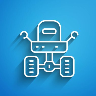 Beyaz çizgi Mars gezgini simgesi mavi arkaplanda izole edildi. Uzay aracı. Ay yürüyüşü işareti. Gezegen yüzeyini incelemek için bir cihaz. Uzun gölge. Vektör.