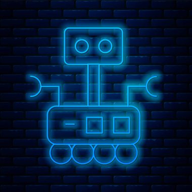 Parlayan neon hattı robot simgesi tuğla duvar arka planında izole edildi. Yapay zeka, makine öğrenme, bulut hesaplama. Vektör.