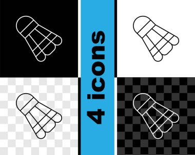 Badminton mekik simgesi siyah beyaz, şeffaf arkaplanda izole edildi. Spor malzemeleri. Vektör.