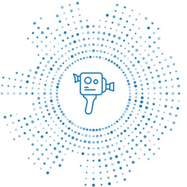 Mavi çizgi Retro sinema kamera ikonu beyaz arkaplanda izole edildi. Video kamera. Film tabelası. Film projektörü. Soyut çember rastgele noktalar. Vektör.