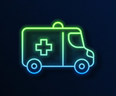 Parlayan neon hattı ambulans ve acil durum arabası ikonu mavi arka planda izole edildi. Ambulans aracı tıbbi tahliye. Vektör.