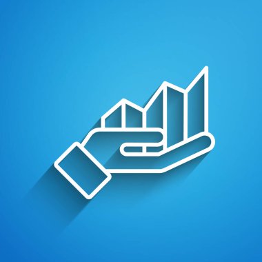 Mavi arkaplanda beyaz çizgi pasta grafiği bilgi simgesi izole edildi. Diyagram çizelgesi. Uzun gölge. Vektör.