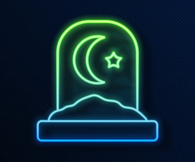 Parlayan neon hattı Müslüman mezarlığı ikonu mavi arka planda izole edildi. İslami mezar taşı. Vektör