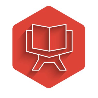 Beyaz çizgi Kuran 'ın kutsal kitabı uzun gölgeli arka plan izole edilmiş. Müslüman bayramı, Kurban Bayramı, Kurban Bayramı, Ramazan Kareem. Kırmızı altıgen düğmesi. Vektör