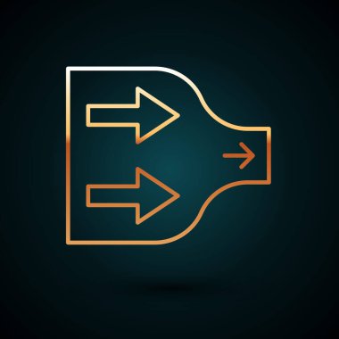 Altın çizgi ok simgesi koyu mavi arkaplanda izole edildi. Yön Arrowhead sembolü. Navigasyon işaretçisi işareti. Vektör