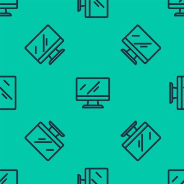 Mavi çizgi bilgisayar ekranı simgesi yeşil arkaplanda izole edilmiş pürüzsüz desen. Elektronik cihaz. Ön manzara. Vektör