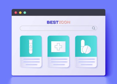 İlk yardım çantasını, kan testini, virüsü, ilaç hapını ya da tablet ikonunu hazırlayın. Vektör.