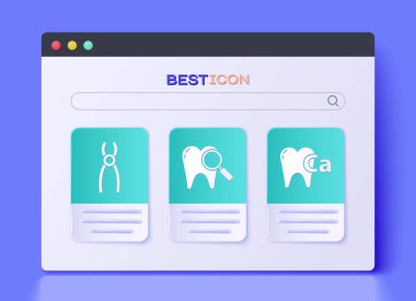 Diş taraması, diş pensesi ve kalsiyumu diş simgesi için ayarla. Vektör.