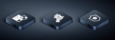 Isometric Teslimat 'ın güvenliğini kalkan, mezuniyet şapkası ve House' un el ikonu ile ayarla. Vektör