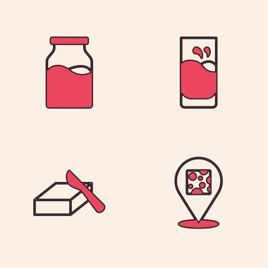 Peynir, sütle şişe, tereyağlı tereyağlı bardak ve tereyağı. Vektör