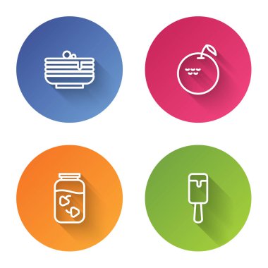 Sıra halinde krep, elma, çilek reçeli kavanozu ve dondurma. Renkli daire düğmesi. Vektör.