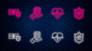 House 'u, hayat sigortasını, paralı kalkanı ve... Tuğla duvarda parlayan neon simgesi. Vektör