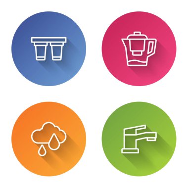 Su filtresi, sürahi, bulut yağmuru ve musluk ayarlayın. Renkli daire düğmesi. Vektör