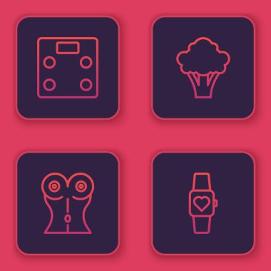 Sıra halinde banyo terazileri, kadın beli, brokoli ve Smart saati. Mavi kare düğme. Vektör