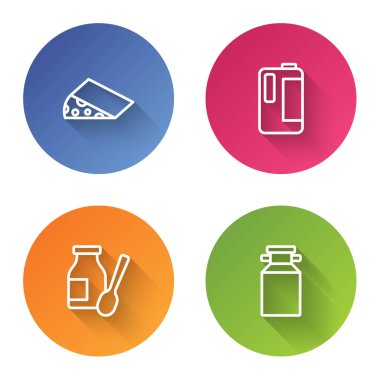 Çizgili peynir, plastik şişedeki süt, süt için yoğurt ve konserve kutusu içmek. Renkli daire düğmesi. Vektör