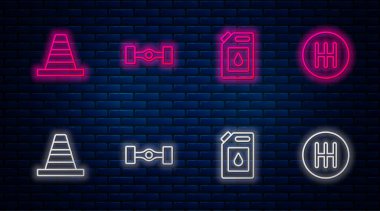 Chassis aracı, motor yağı için teneke kutu, trafik konisi ve vites kolu ayarlayın. Tuğla duvarda parlayan neon simgesi. Vektör