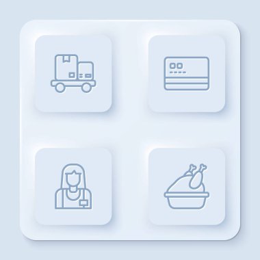 El arabası ve kutular, kredi kartı, satıcı ve kızarmış hindi ya da tavuk. Beyaz kare düğme. Vektör