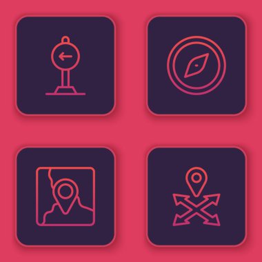 Hat trafik işaretini sola çevir, konum işaretleyicisi, pusula ve konumu olan katlanmış haritayı ayarla. Mavi kare düğme. Vektör