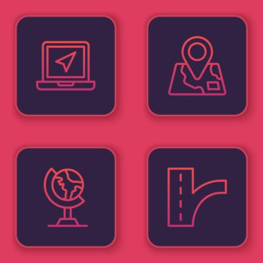 Dizüstü bilgisayarı konum belirleyicisi, dünya küresi, katlanmış harita ve trafik işareti ile ayarlayın. Mavi kare düğme. Vektör