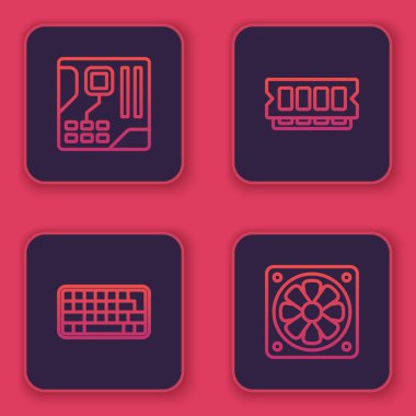 Ana kart dijital çipi, klavye, RAM, rastgele erişim belleği ve bilgisayar soğutucusunu ayarla. Mavi kare düğme. Vektör