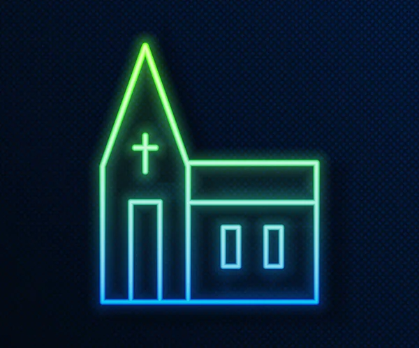 发光的霓虹灯线教堂建筑图标孤立在蓝色的背景 基督教会教会的宗教 — 图库矢量图片
