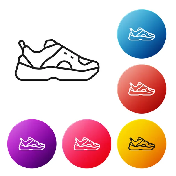 黑线健身运动鞋用于训练 运行图标隔离在白色背景 运动鞋 设置彩色圆形按钮图标 — 图库矢量图片