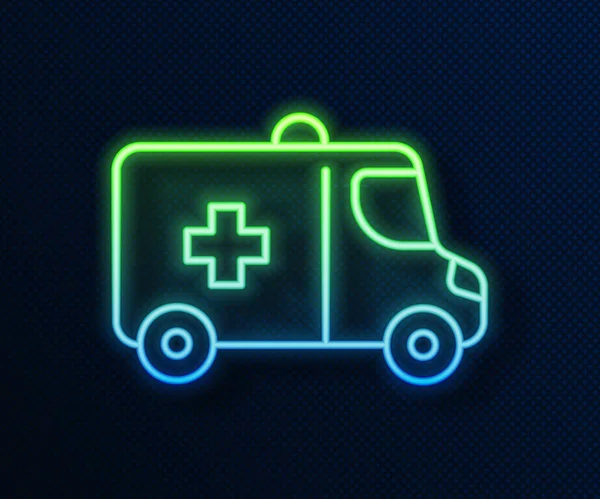 Glödande Neon Line Ambulans Och Nödbil Ikon Isolerad Blå Bakgrund — Stock vektor