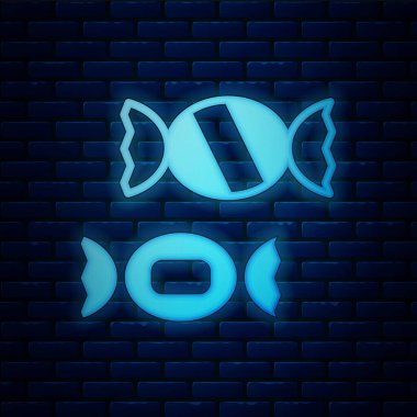 Parlayan neon şeker simgesi tuğla duvar arkasında izole edilmiş. Vektör.