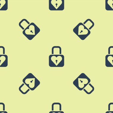 Mavi kilit ve kalp ikonu sarı arka planda kusursuz desen izole etti. Kilitli Kalp. Aşk sembolü ve anahtar deliği işareti. Sevgililer Günü sembolü. Vektör.