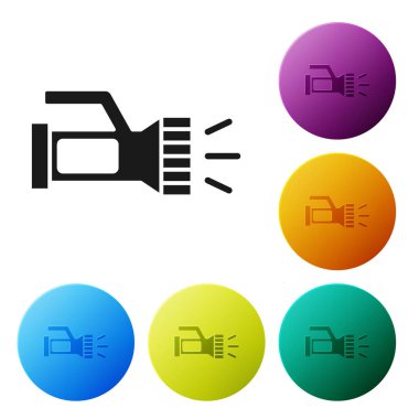 Beyaz arkaplanda izole edilmiş dalgıç simgesi için siyah el feneri. Su altı ekipmanları. Simgeleri renk daire düğmelerine ayarla. Vektör.