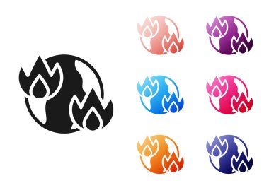 Siyah Küresel ısınma ateş ikonu beyaz arka planda izole edildi. Simgeleri renklendirin. Vektör.