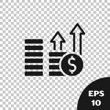 Siyah Finansal büyüme ve dolar madeni para ikonu şeffaf arka planda izole edildi. Gelirleri arttırıyorum. Vektör.
