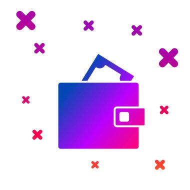 Kağıt para destelerinin olduğu renkli cüzdan beyaz arka planda izole edilmiş nakit ikonu. Çanta ikonu. Nakit tasarruf sembolü. Kademeli rastgele dinamik şekiller. Vektör.