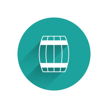 Beyaz tahta varil ikonu uzun gölgeli arka planda izole edilmiş. Alkol fıçısı, içki kabı, bira için tahta fıçı, viski, şarap. Yeşil daire düğmesi. Vektör