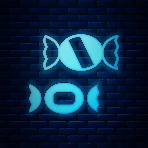 Parlayan neon şeker simgesi tuğla duvar arkasında izole edilmiş. Vektör.