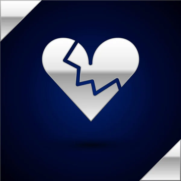 Silver Broken Heart Divorce Icon Isolated Dark Blue Background Love — Stock Vector