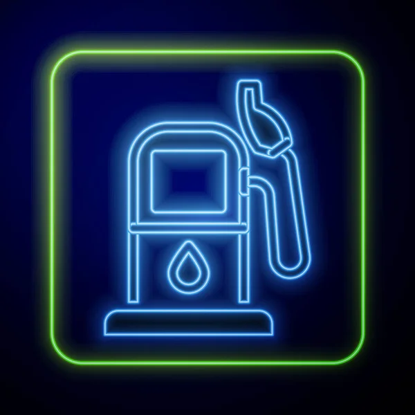 Glowing Neon Petrol Gas Station Icon Isolated Blue Background Car — Stock Vector