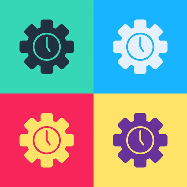 ポップアート色の背景に隔離された時間管理アイコン 時計とギアのサイン 生産性のシンボル ベクトル — ストックベクタ