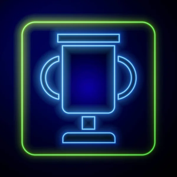 Gloeiende Neon Award Cup Met Fiets Pictogram Geïsoleerd Blauwe Achtergrond — Stockvector