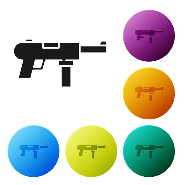 Black Submachine Gun Grease Gun Icon Geïsoleerd Witte Achtergrond Stel — Stockvector