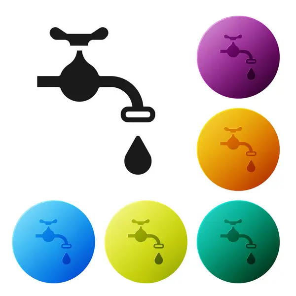 Black Water Tap Falling Water Drop Icon Isolated White Background — Stock Vector