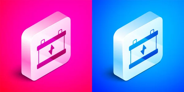 Isometric Car Battery Icon Isolated Pink Blue Background Accumulator Battery — Stock Vector